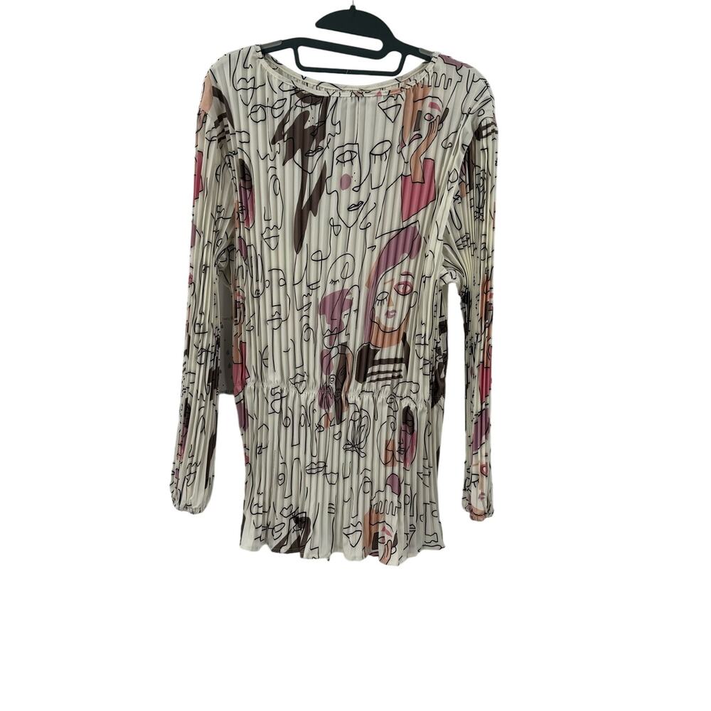 Sweet Rain Cream Pleated Abstract Floral Blouse with Pink & Brown Accents - Picture 2 of 7